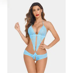 Fancyra Women Teddy Lingerie Deep V Halter One Piece Babydoll Mini Lace Bodysuit