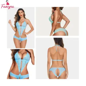 Fancyra Women Teddy Lingerie Deep V Halter One Piece Babydoll Mini Lace Bodysuit