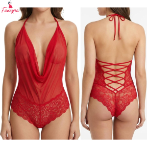 Fancyra Women Teddy One Piece Lace Halter Neck Babydoll Bodysuit Lingerie