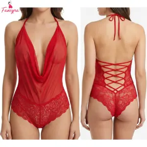 Fancyra Women Teddy One Piece Lace Halter Neck Babydoll Bodysuit Lingerie