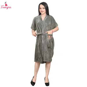 Fancyra Women Terry Cotton Grey Bathrobe with Single Pocket