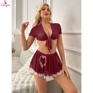 Fancyra Women Tie Knot Front Crop Top and Lace Trim Skirt Lingerie Set Maroon