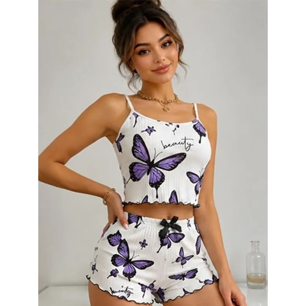 Purple Butterfly Print Cute Pajama Set
