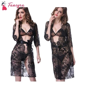 Fancyra Women Transparent Above Knee Robe Babydoll Dress Nightwear Night Robe With Bikini Set