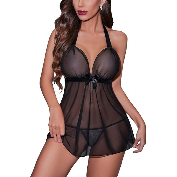 Fancyra Women Transparent Black Soft Net Halter Neck Baby Doll Lingerie - Image 2