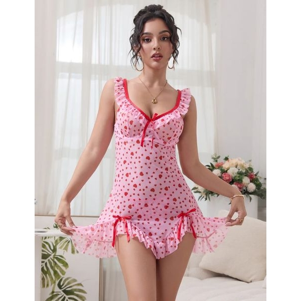Fancyra Women Transparent Heart Printed Mesh Ruffled Hot Babydoll Nightdress - Image 2