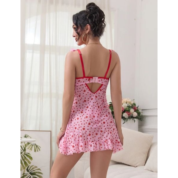 Fancyra Women Transparent Heart Printed Mesh Ruffled Hot Babydoll Nightdress - Image 3