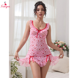 Fancyra Women Transparent Heart Printed Mesh Ruffled Hot Babydoll Nightdress