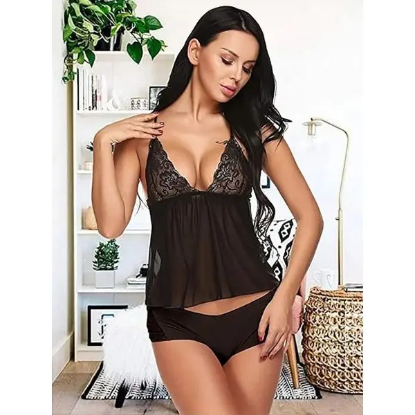 Fancyra Women Transparent Net Lace Babydoll Lingerie Set for Honeymoon - Image 5