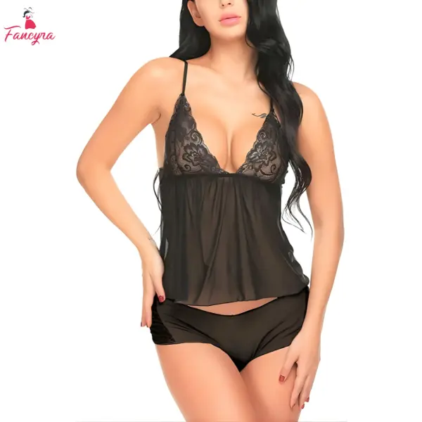 Fancyra Women Transparent Net Lace Babydoll Lingerie Set for Honeymoon