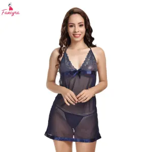 Fancyra Women Transparent Net Lace Halter Neck Babydoll Lingerie Nighty