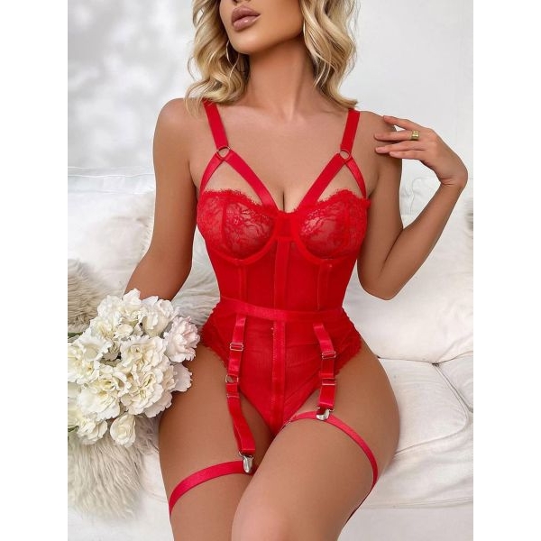 Fancyra Women Transparent Net Laced Garter Teddy Bodysuit Lingerie - Image 4