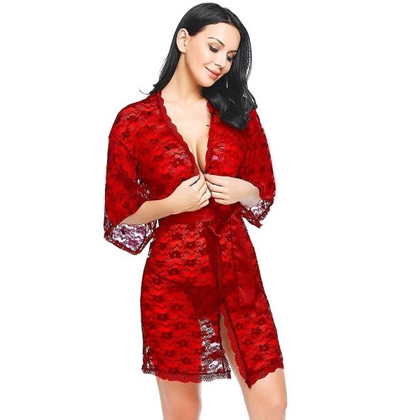 Fancyra Women Transparent Net Solid Above Knee Baby Doll Lingerie With Robe Free Size Red Color - Image 3