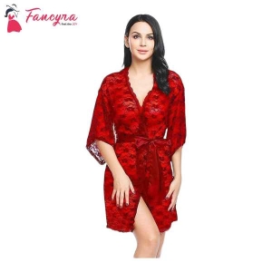 Fancyra Women Transparent Net Solid Above Knee Baby Doll Lingerie With Robe Free Size Red Color
