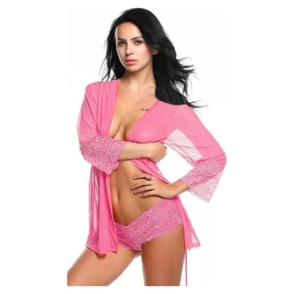 Fancyra Women Transparent Robe Above Knee Baby Doll Lingerie With Panty And Robe Free Size Pink Color - Image 3