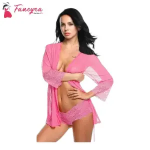 Fancyra Women Transparent Robe Above Knee Baby Doll Lingerie With Panty And Robe Free Size Pink Color