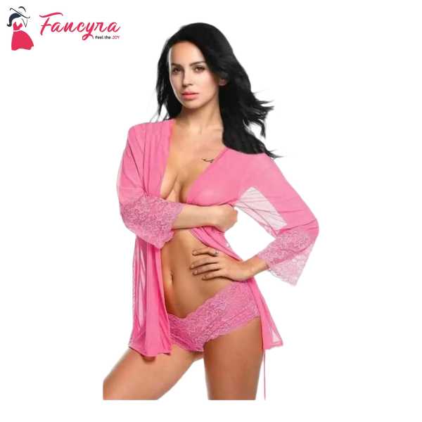 Fancyra Women Transparent Robe Above Knee Baby Doll Lingerie With Panty And Robe Free Size Pink Color