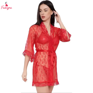 Fancyra Women Transparent See Through Floral Nighty Robe Lingerie Dress