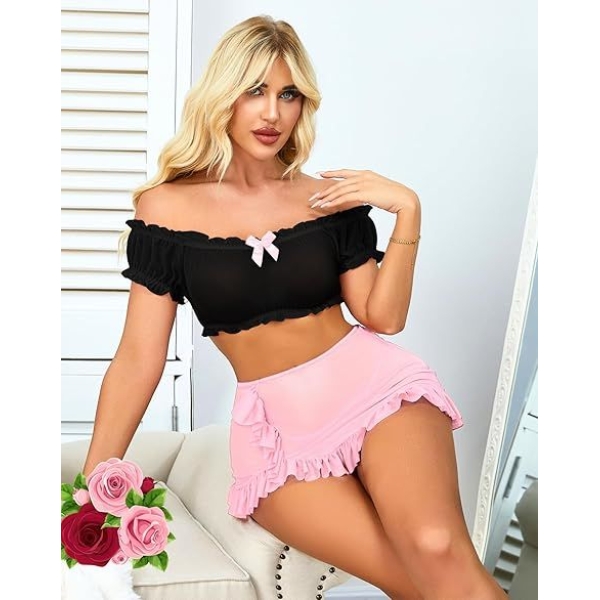 Fancyra Women Transparent Soft Net Top & Ruffle Skirt Lingerie Set - Image 2
