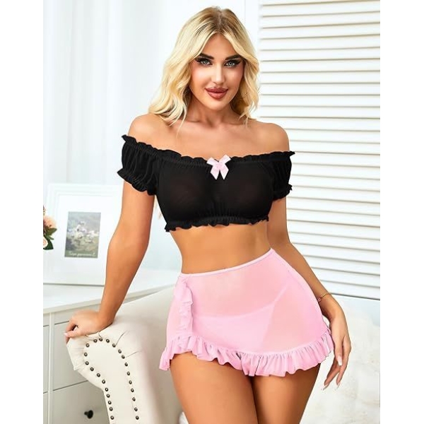 Fancyra Women Transparent Soft Net Top & Ruffle Skirt Lingerie Set - Image 3