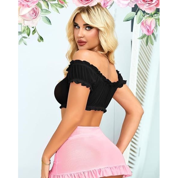 Fancyra Women Transparent Soft Net Top & Ruffle Skirt Lingerie Set - Image 4