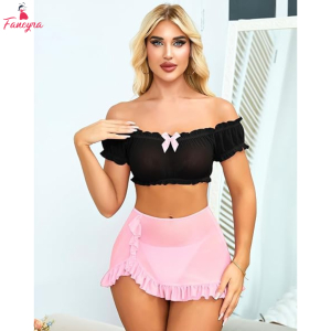 Fancyra Women Transparent Soft Net Top & Ruffle Skirt Lingerie Set