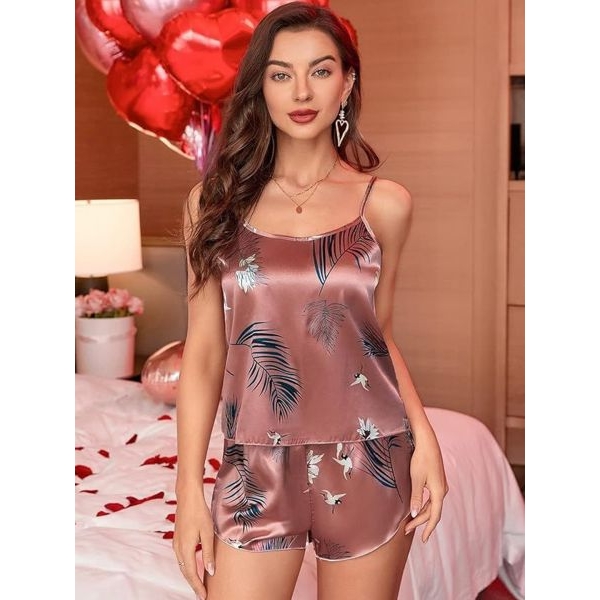 Fancyra Women Tropical Printed Shoulder Straps Night Suit Pajama Set - Image 2