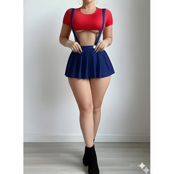 Fancyra Women Two Piece Cute Roleplay Babydoll Lingerie Set - Red Top and Navy Blue Mini Skirt - Image 2