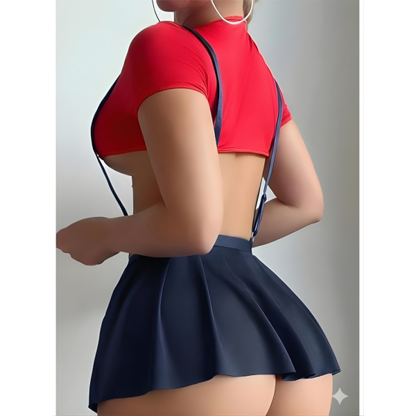 Fancyra Women Two Piece Cute Roleplay Babydoll Lingerie Set - Red Top and Navy Blue Mini Skirt - Image 4