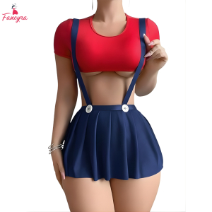 Fancyra Women Two Piece Cute Roleplay Babydoll Lingerie Set - Red Top and Navy Blue Mini Skirt