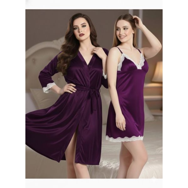 Fancyra Women Two Piece Elegant Satin Lace Nightwear Set - Image 2