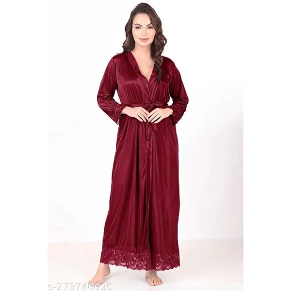 Fancyra Women Two Piece Elegant Satin Nighty with Outer Robe Nightdress - Image 2