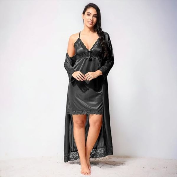 Fancyra Women Two Piece Satin Black Silk Nighty Sleepwear Dress With Outer Robe - Image 3