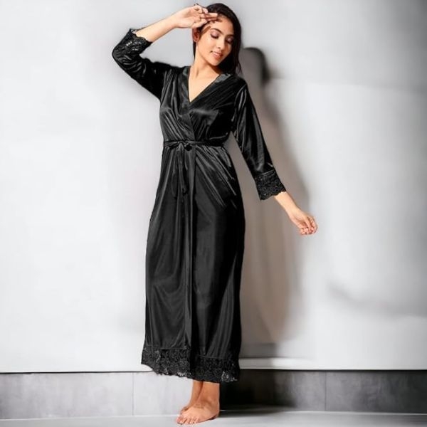 Fancyra Women Two Piece Satin Black Silk Nighty Sleepwear Dress With Outer Robe - Image 4