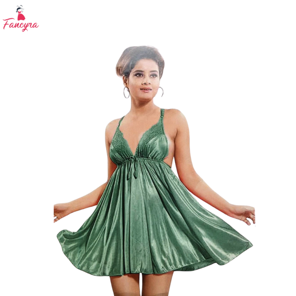 Fancyra Women Two Piece Satin Lingerie Set - Green Bikini and Babydoll - Image 2