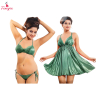 Fancyra Women Two Piece Satin Lingerie Set - Green Bikini and Babydoll