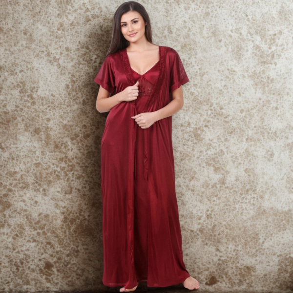 Fancyra Women Two Piece Satin Nightwear Set, Long Inner and Outer Robe Sleepwear - Image 4