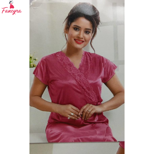 Fancyra Women Two Piece Satin Nightwear Set - Pink Lace Sleepwear with Robe - Image 3