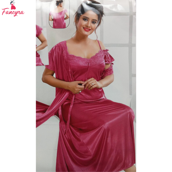 Fancyra Women Two Piece Satin Nightwear Set - Pink Lace Sleepwear with Robe - Image 4