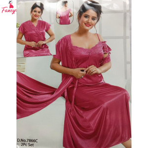 Fancyra Women Two Piece Satin Nightwear Set - Pink Lace Sleepwear with Robe