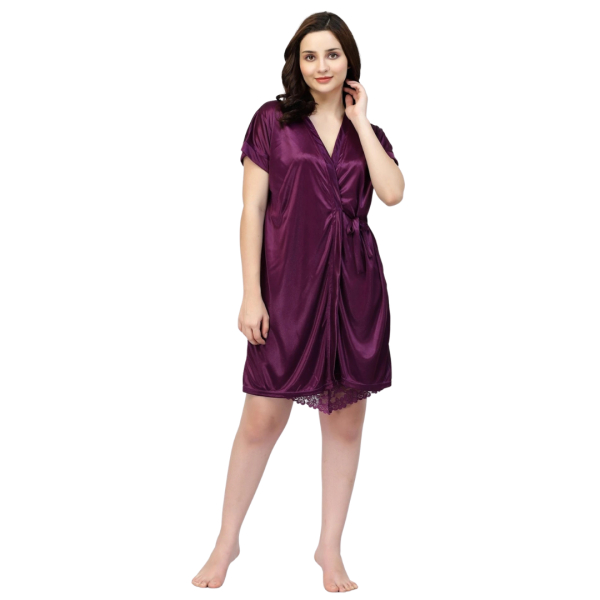 Fancyra Women Two Piece Satin Purple Short Nighty with Lace and Robe - Image 2