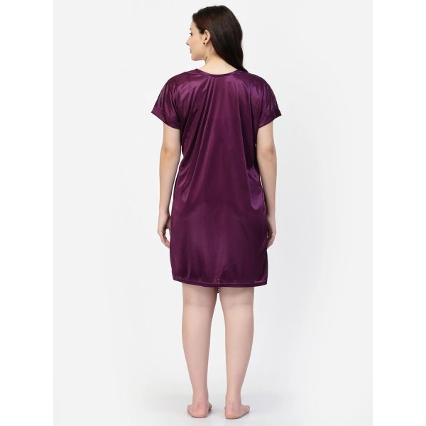 Fancyra Women Two Piece Satin Purple Short Nighty with Lace and Robe - Image 3