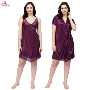 Fancyra Women Two Piece Satin Purple Short Nighty with Lace and Robe