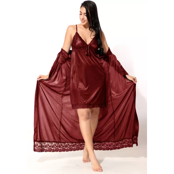 Fancyra Women Two Piece Satin Silk Nighty Sleepwear Dress With Outer Robe - Image 4