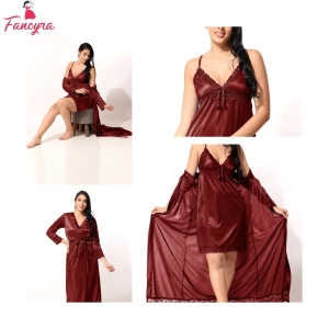 Fancyra Women Two Piece Satin Silk Nighty Sleepwear Dress With Outer Robe