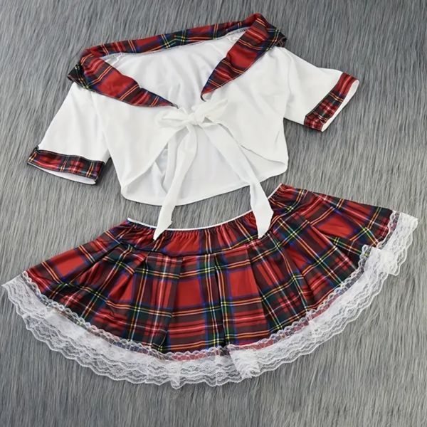 Fancyra Women Two Piece Schoolgirl Roleplay Lingerie Outfits with Tie Top and Mini Pleated Skirt Set - Image 2