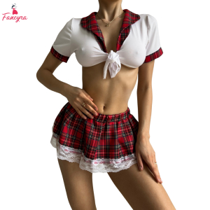 Fancyra Women Two Piece Schoolgirl Roleplay Lingerie Outfits with Tie Top and Mini Pleated Skirt Set