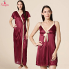 Fancyra Women Two Piece Set Satin Comfortable Plain Short Nighty With Long Robe