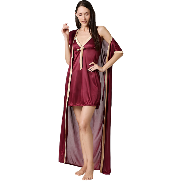 Fancyra Women Two Piece Set Satin Comfortable Plain Short Nighty With Long Robe - Image 3