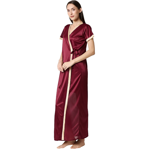 Fancyra Women Two Piece Set Satin Comfortable Plain Short Nighty With Long Robe - Image 4